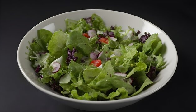 Closeup view of a bowl of green salad over black backdrop