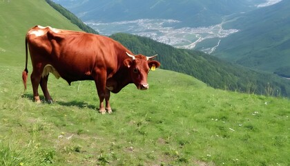 Fototapeta na wymiar Cow at the cliff. Red cow grazes on a mountainside