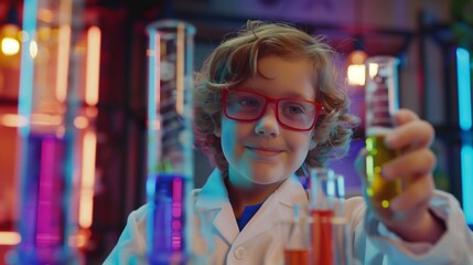 Young child chemist, in white lab coat and protective chemistry goggles, conducts scientific...