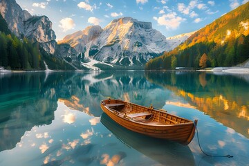 Lake Braies with wooden boats and the cinematic beautiful mountains of Dolomites Alps in autumn. - obrazy, fototapety, plakaty