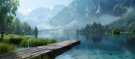 A Wooden Pier Perched Above a Calm Lake with a natural mountain background. - obrazy, fototapety, plakaty