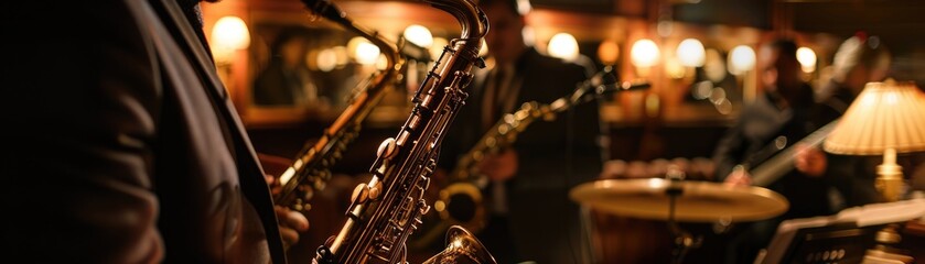 Fototapeta premium Jazz Musician Playing Saxophone in Atmospheric Club 