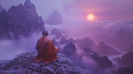 
buddhist monk meditating on top of mountain beautiful background - obrazy, fototapety, plakaty