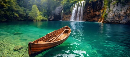 Scenic morning lake and mountains background. Wooden boat in the turquoise water of the lake and water fall.