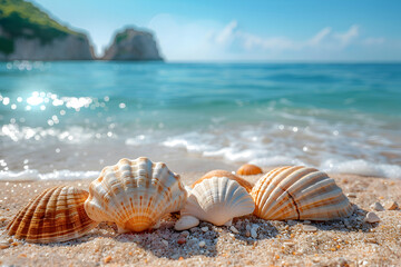 Fototapeta na wymiar Seashells on the beach Blurred banner background. Summer day. Copy space for products 2
