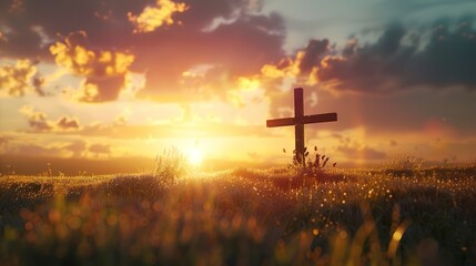 Glorious Cross at sunset in a field, Ascension day concept, Christian Easter, Faith in Jesus Christ - obrazy, fototapety, plakaty