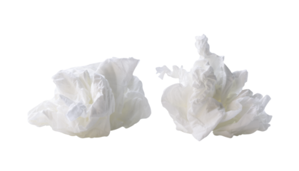 Front view set of white crumpled tissue paper ball after use in toilet or restroom isolated with clipping path in png file format
