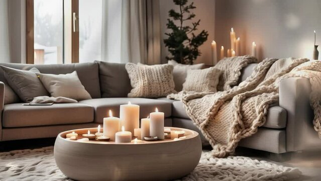 Scandinavian farmhouse, modern living room hygge home interior design. 
