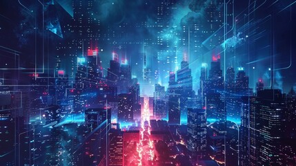 Fototapeta premium cityscape with space and neon light effect. Modern hi-tech, science, futuristic technology concept. Abstract digital high tech city design for banner background