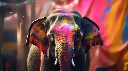 Fototapeta na wymiar Elephant head and colorful paint splashes on the skin as a background