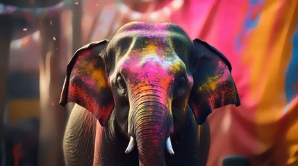 Foto op Aluminium Elephant head and colorful paint splashes on the skin as a background © Robina