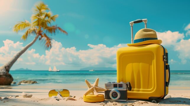 baggage travel. yellow suitcase with travel accessories such as sunglasses, hat and camera on sea beach background.