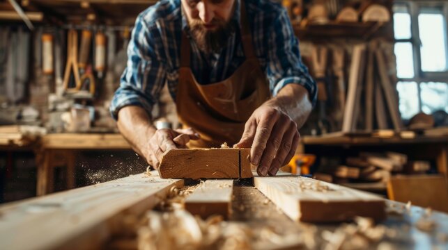 close up man owner a small furniture business is preparing wood for production. carpenter male is adjust wood to the desired size. architect, designer