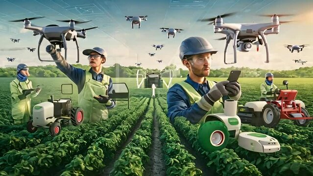 Modern cultivators using advanced technology for efficient farming: Futuristic farming practices depicted with high-tech tools and drones