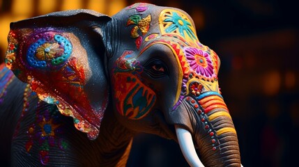 Close up view of the face of an elephant decorated with colorful patterns.