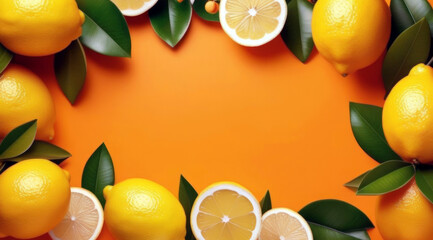 Frame with lemon fruits citrus and leaves on orange background. Summer background with tropic fruits  with copy space. Bright spring tropical card, banner, poster. - obrazy, fototapety, plakaty