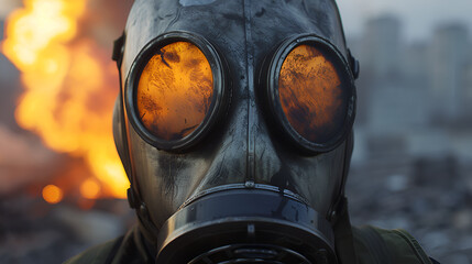 A haunting close-up of a lone soldiers gas mask reflecting the flames of a burning city - obrazy, fototapety, plakaty