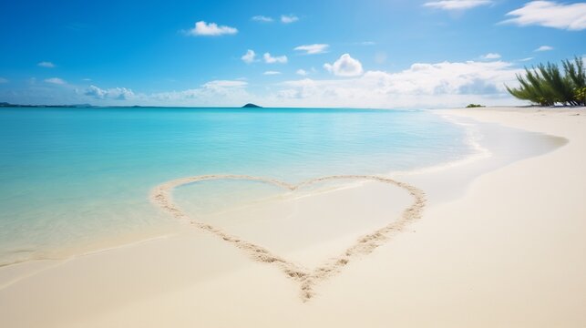 Illustrate a romantic scene with two hearts drawn on perfectly white sand, creating a symbol of love on a paradise beach.  