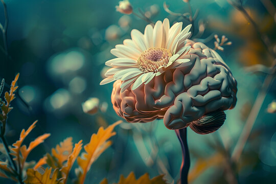 A flower blooming from a human brain, symbolizing the blossoming of mental well-being