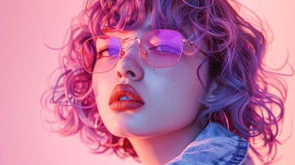 Obraz premium A woman with purple hair and glasses is wearing a red lipstick. The image has a vibrant and playful mood, with the woman's colorful hair and bold makeup choices