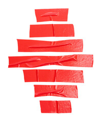 Top view set of red adhesive vinyl tape or cloth tape in stripes isolated on white background with clipping path