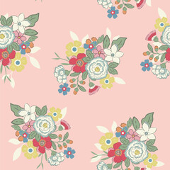 Vintage repeat seamless pattern with hand drawn colorful flower bunch on pink background