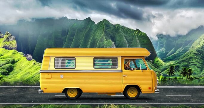 Modern collage animation. Yellow camper travels around the world. Choose your next stop. Trip, adventures, vacation concept.