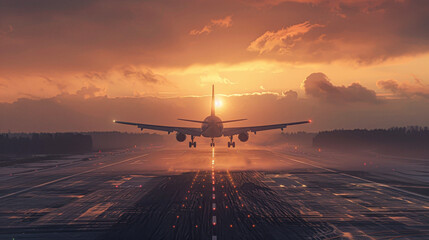 A plane is taking off from an airport runway. The sky is cloudy and the sun is setting, creating a beautiful orange and pink sky - obrazy, fototapety, plakaty