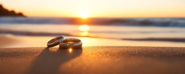 Golden wedding rings rest on the shore, washed by gentle sea waves at sunset. Propose Day background. Soft sands and the lapping waves, two wedding bands stand testimony to a promise - obrazy, fototapety, plakaty