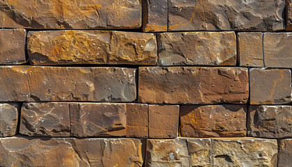Close-up of a brown brick wall made of rectangular bricks, classic building material made of rock, banner, front view