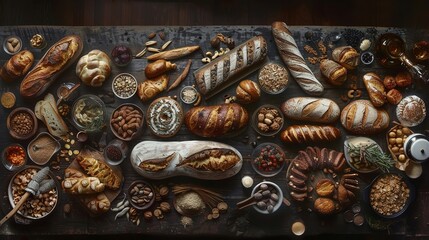 a panoramic spread of various breads, ranging from rustic sourdough to delicate pastries - obrazy, fototapety, plakaty