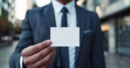 Unrecognizable Businessman showing blank white business card, closeup