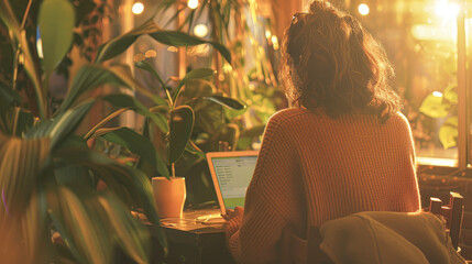 A woman is sitting at a table with a laptop and a potted plant in front of her. She is wearing a sweater and she is focused on her work. The scene suggests a cozy and comfortable atmosphere - Powered by Adobe