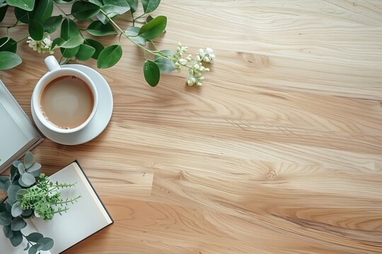 flat lay photo, soft natural light, blonde wood table