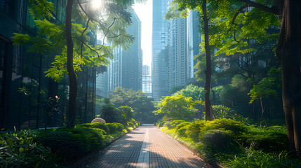 A walkway in a park leads towards a city skyline with skyscrapers.