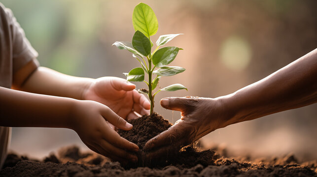 Hands of kid nurturing a young plant with care, set against a nature background, Emphasizing the concept of growth and sustainability