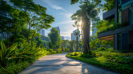 Naklejka premium A walkway in a park leads towards a city skyline with skyscrapers.