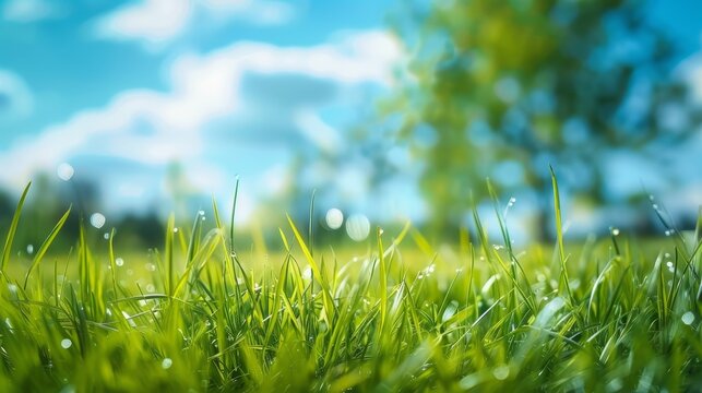 Beautiful blurred background green grass under blue skies