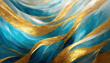 a captivating 3D wallpaper featuring sky blue and gold waves, creating a mesmerizing and dynamic backdrop perfect for adding a touch of elegance and sophistication to modern interiors, luxury boutique