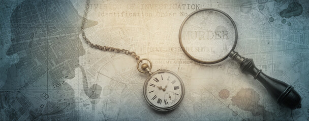 Sherlock Holmes Profile, magnifier, blood drops, clock, map and police form. Old background on the theme of crime, police, detective, investigation. Old style.