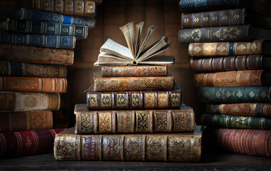 Opened book and stacks of old books on wooden desk in old library. Conceptual background on history, education, literature topics. Translation of book titles - history of England, ancient history. - 765791508