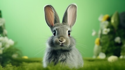 Obraz premium Easter bunny and easter eggs on green background. 