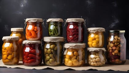 different preserved food in glass jars on black background