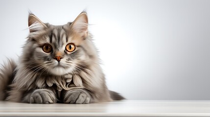 Cute maine coon cat lying on a white background.