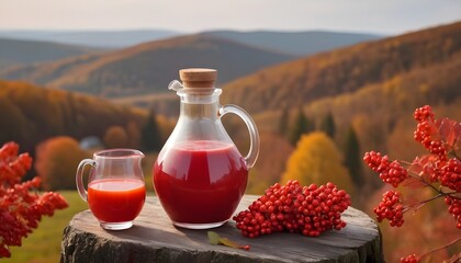 freshly squeezed thick natural juice with pulp of ripe red viburnum on autumn hills background - obrazy, fototapety, plakaty