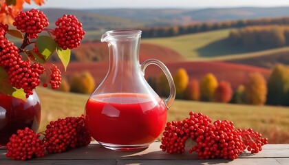 freshly squeezed thick natural juice with pulp of ripe red viburnum on autumn hills background