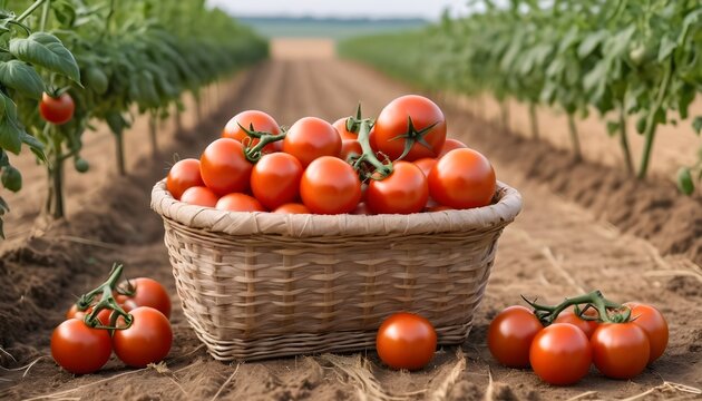 fresh ripe red tomatoes in basket isolated on agricultural field background