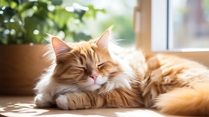 Cute ginger cat sleeping on window sill. Fluffy pet relaxing at home.