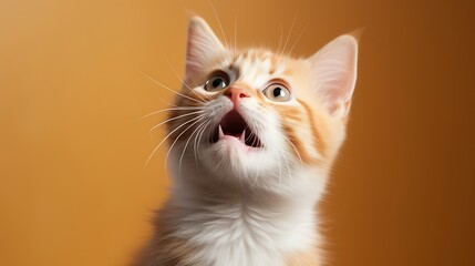 Cute ginger kitten with funny expression on orange background. Studio shot.