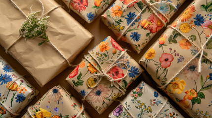 Top view, assorted floral wrapped presents with natural accents on kraft background - obrazy, fototapety, plakaty